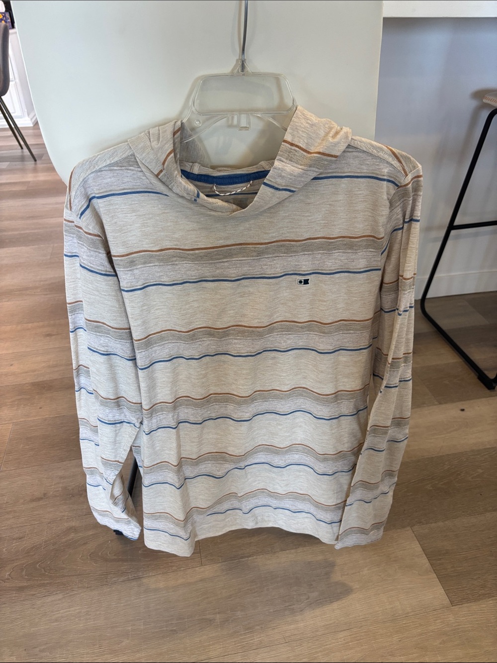 Salty Crew Beige Hooded Long-Sleeve Shirt with Blue and Brown Stripes